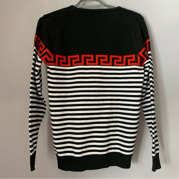 Black White Striped Greek Key V-Neck Sweater Men's Size Medium - Picture 3 of 5